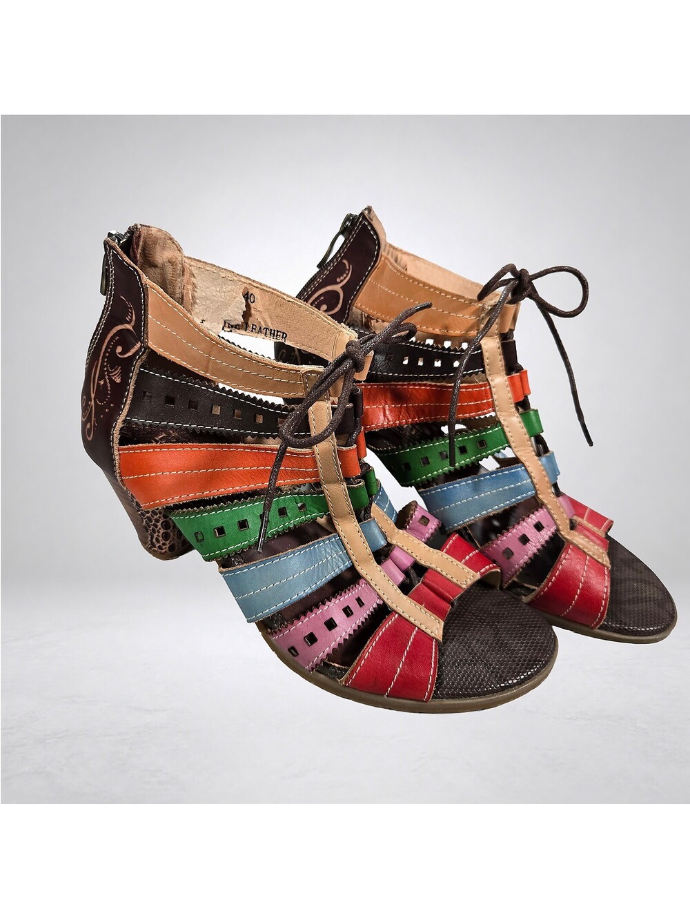 L'Artiste Spring Step Gladiator Sandals Multicolor Leather Chunky Heel Sz 40